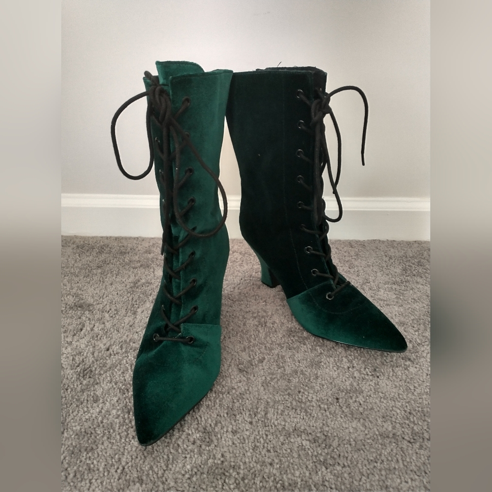 StrangeCvlt Victoria Green velvet boot